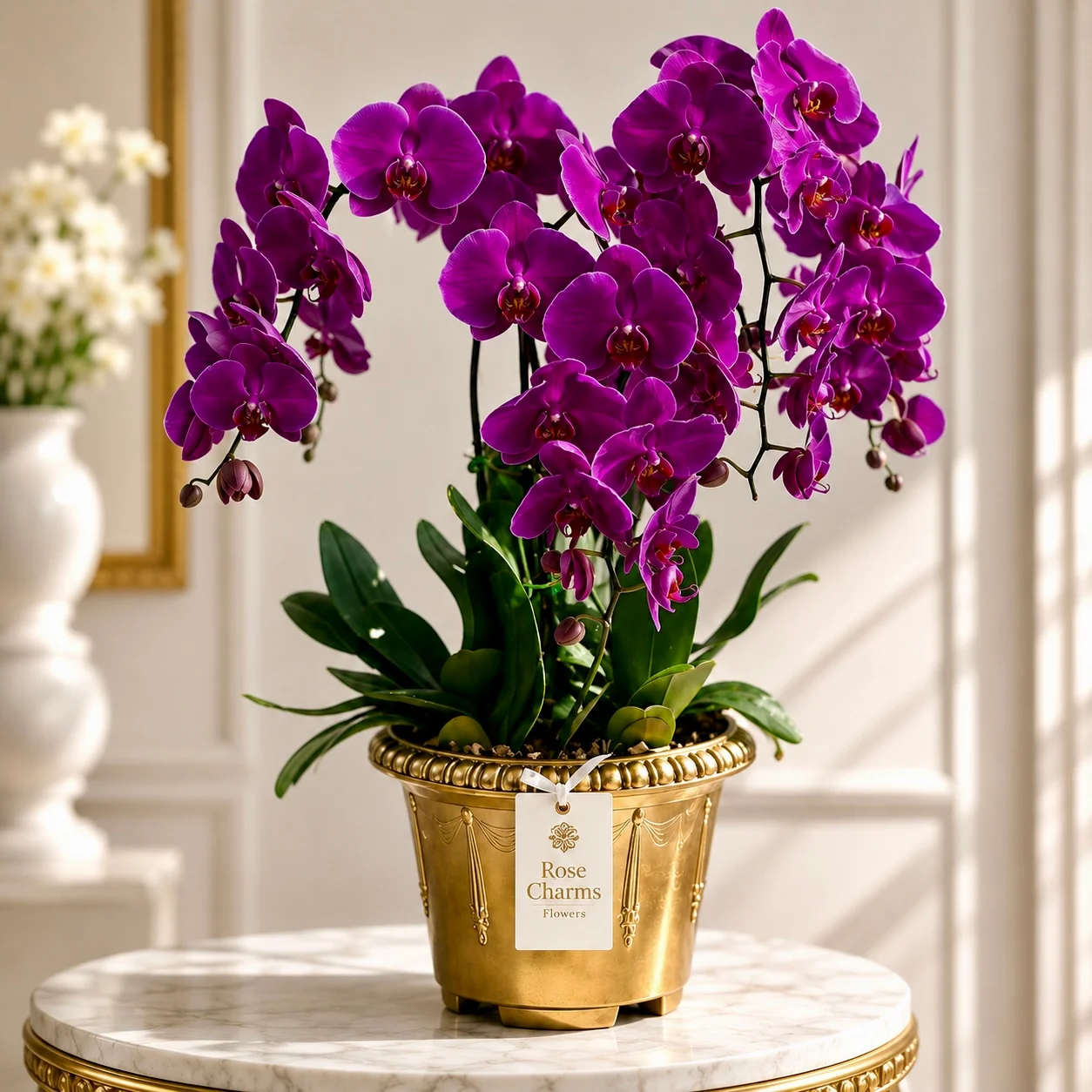 6 stem purple Phalaenopsis orchid plant with vibrant blooms in a premium golden pot